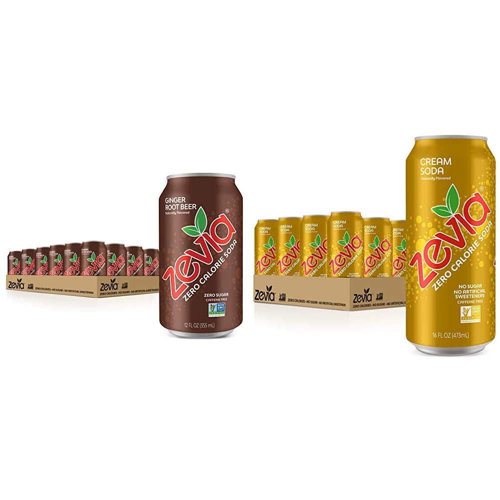 Zevia Zero Calorie Soda, Ginger Root Beer and Cream Soda, 12 and 16 Ounce Cans