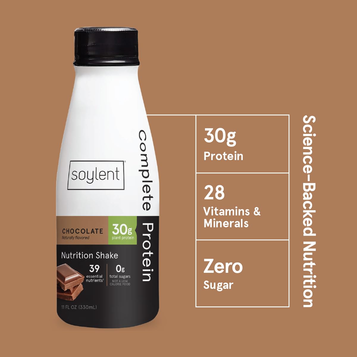 Soylent Chocolate High Protein Shake 30g Vegan Protein, Complete Energy Gluten-Free Vegan Protein Nootropics Shake, Chocolate, 11 Oz (12 Pack)
