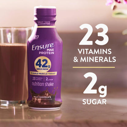 Ensure Max Protein Shake | 42g Complete Protein | Milk Chocolate | Ready to Drink | High Protein | 23 Vitamins & Minerals | 2g Sugar | 14 fl oz, 12 Pack