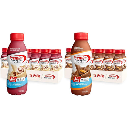 Premier Protein Shake Bundle, 30g Protein, 1g Sugar, 24 Vitamins&Minerals, Cinnamon Roll and Chocolate Peanut Butter Flavors, 12 Count