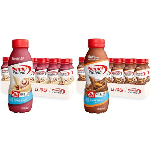 Premier Protein Shake Bundle, 30g Protein, 1g Sugar, 24 Vitamins&Minerals, Cinnamon Roll and Chocolate Peanut Butter Flavors, 12 Count