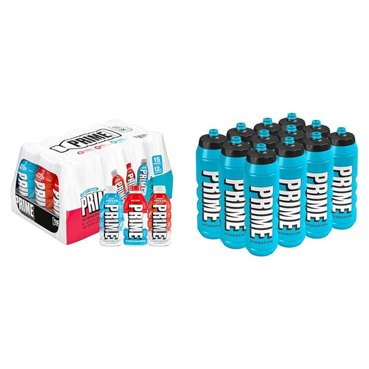 PRIME HYDRATION, Berry Freeze, Cherry Freeze, & Ice Pop Sports Drinks, 12 Fl Oz, 15 Variety Pack & PRIME 32 oz Blue Squeeze Sports Water Bottles 12 Pack Bundle
