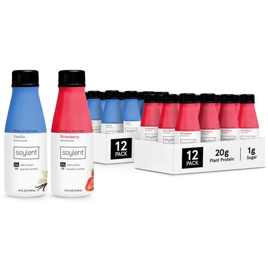 Soylent Vanilla and Strawberry Meal Replacement Shakes, Ready-to-Drink Plant Based Protein Drinks, 12 Pack