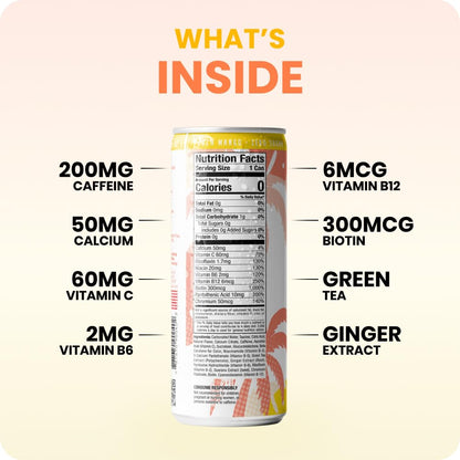 FitTea Healthy Energy Drink 12 Fl Oz - Peach Mango Pre Workout Sparkling Refresher (12 Pack) Natural Green Tea Energy Drinks Sugar Free