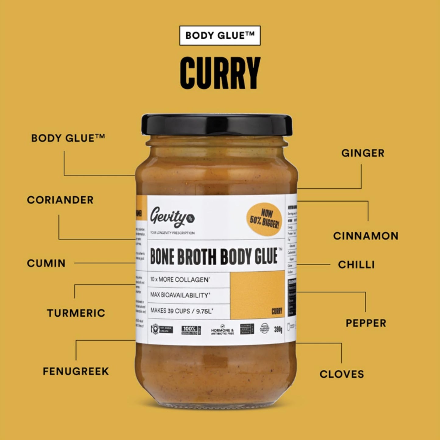 Gevity Rx Bone Broth Body Glue ® - CURRY - Bone Broth - Concentrate - 10x more collagen* - 39 servings - Sip, Cook, Create - 100% Grass Fed Beef Bones- 9.75 Litres, 329 Fl. Oz.