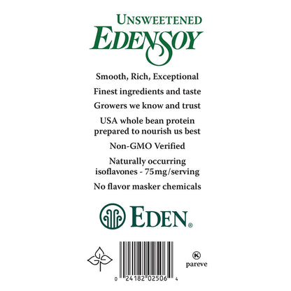 Edensoy Unsweetened Eden Organic Soymilk, Non-GMO, USA Whole Soy (Soya) Milk, Non-Dairy, Vegan, Plain, Shelf Stable, 32 oz