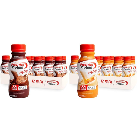 Premier Protein Shake MINIs Chocolate 22g Protein 120 Calories Pack of 12 & Caramel 22g Protein 120 Calories Pack of 12