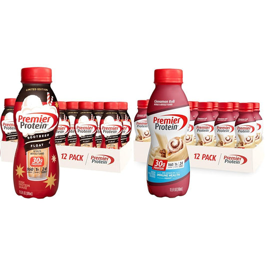 Premier Protein Shake Root Beer Float & Cinnamon Roll Flavors, 30g Protein, 1g Sugar, 24 Vitamins & Minerals, 11.5 oz, 12 Pack