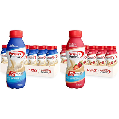 Premier Protein Shake, Vanilla & Strawberries, 30g Protein, 1g Sugar, 24 Vitamins & Minerals, 12 Pack Bundle