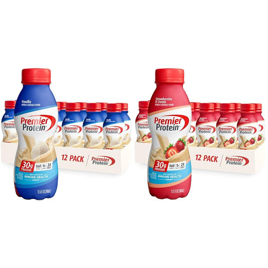Premier Protein Shake, Vanilla & Strawberries, 30g Protein, 1g Sugar, 24 Vitamins & Minerals, 12 Pack Bundle
