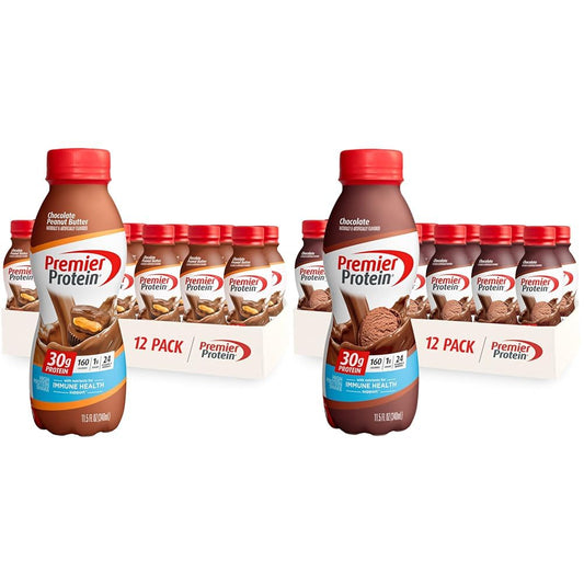 Premier Protein Shake Chocolate & Chocolate Peanut Butter Flavors, 30g Protein, 1g Sugar, 24 Vitamins & Minerals, 11.5 Fl Oz, 12 Count