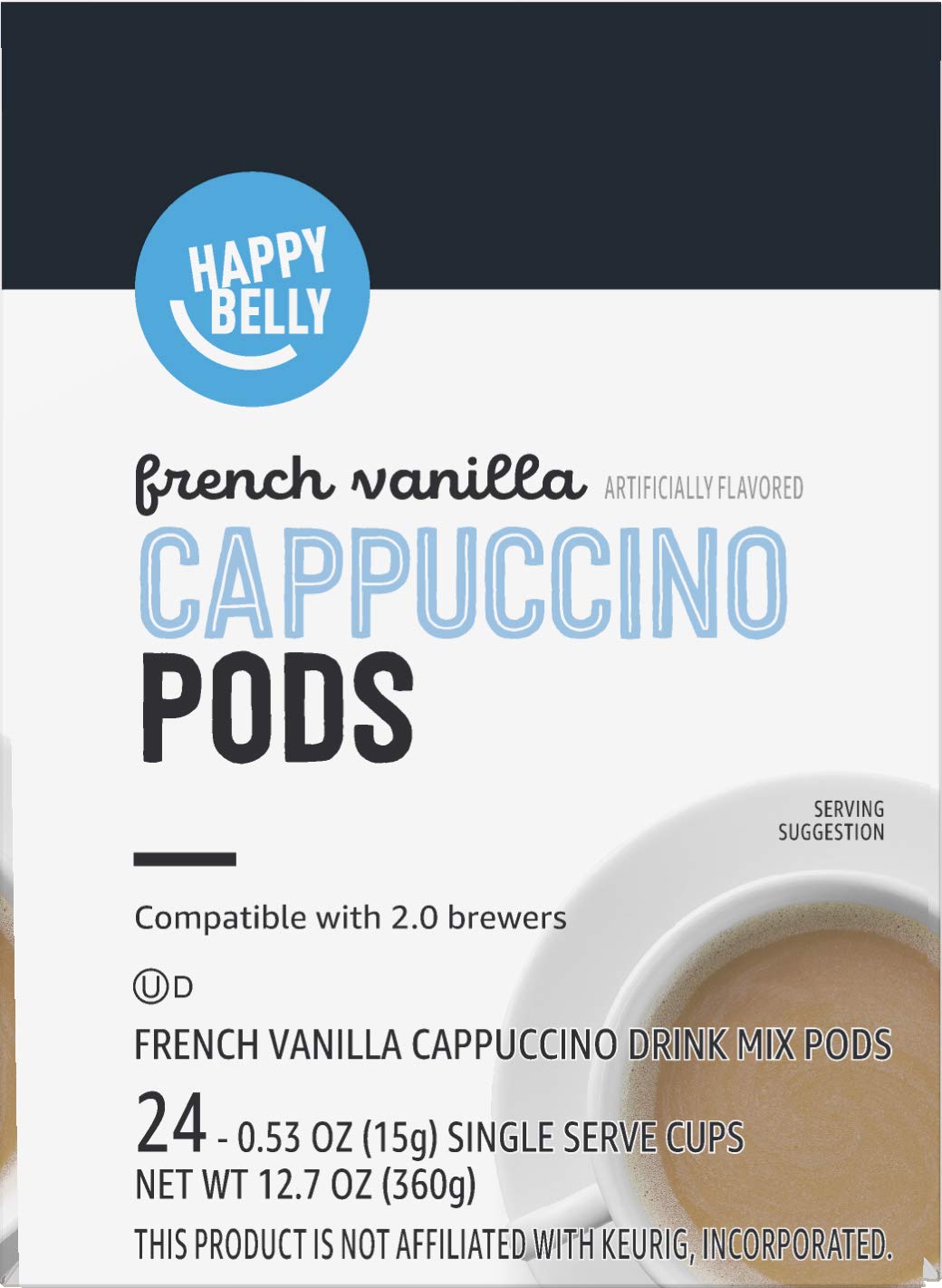 Happy Belly Cappuccino Coffee Pods Light Roast Compatible with 2.0 K-Cup Brewers, French Vanilla Flavored, 24 Count, 12.7 Ounce