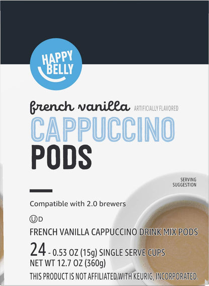 Happy Belly Cappuccino Coffee Pods Light Roast Compatible with 2.0 K-Cup Brewers, French Vanilla Flavored, 24 Count, 12.7 Ounce