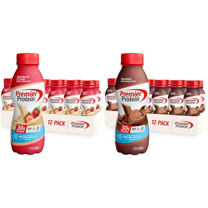 Premier Protein Shake Bundle - 24 Vitamins & Minerals, 30g Protein, Strawberries & Chocolate Flavors, Pack of 12, 11.5 Fl Oz