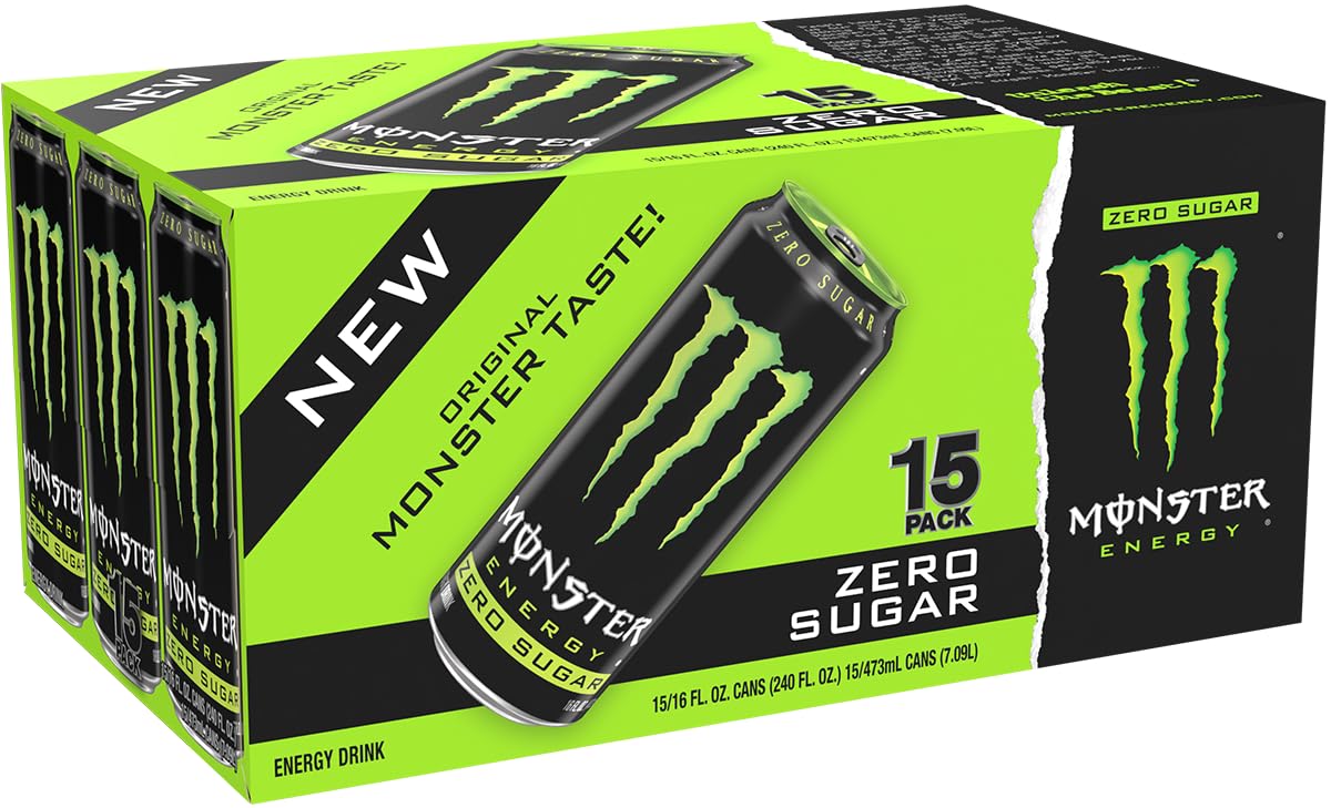 Monster Energy Zero Sugar, Green, Original, Low Calorie Energy Drink, 16 Ounce (Pack of 15), Can