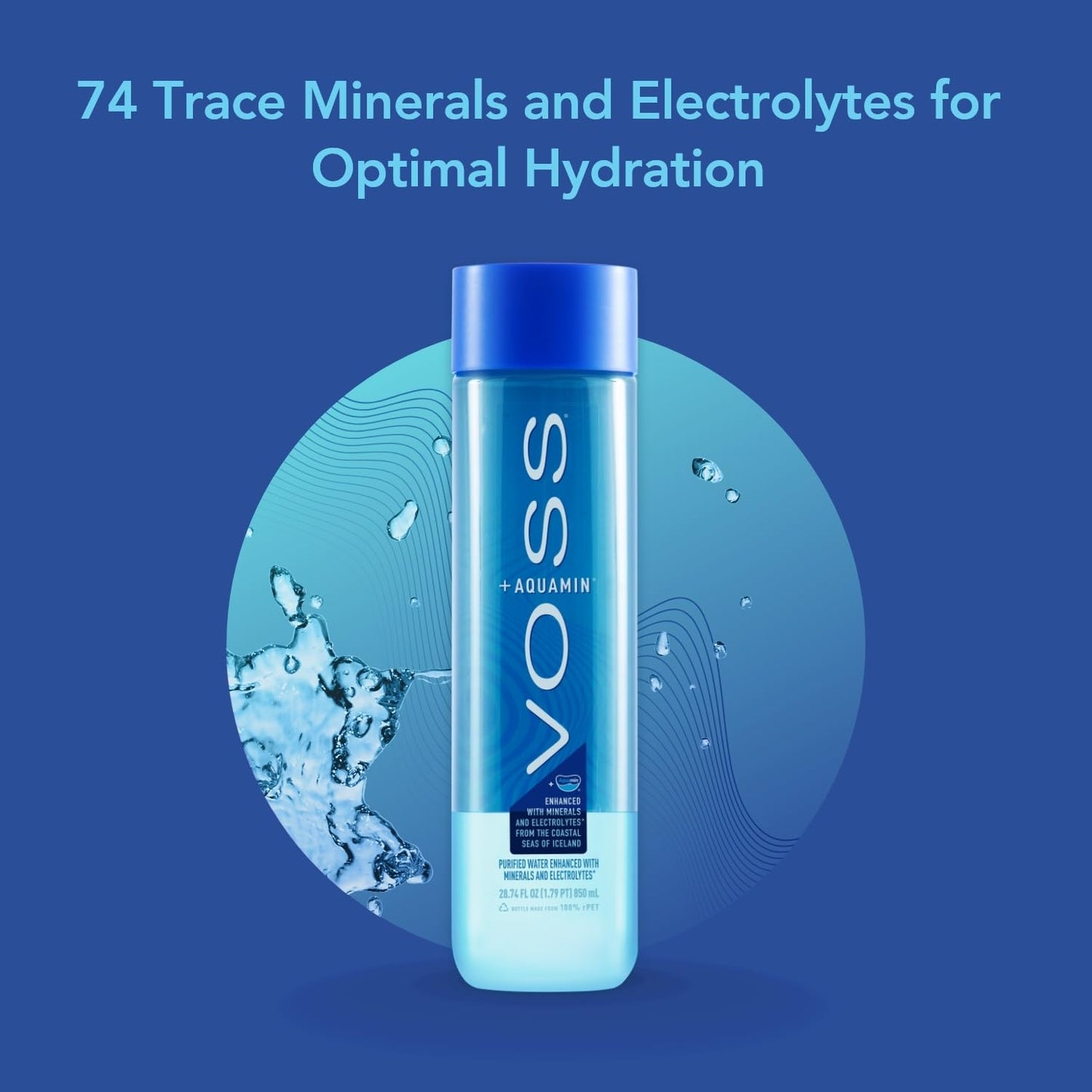 VOSS+ Aquamin Enhanced Water - Pack of 12 Bottles, 850ml Each - Purified Hydrating Water - 74 Trace Minerals & Electrolytes - Perfect for Active Lifestyles, at the Gym & on Hot Days - Recycled PET Bottle