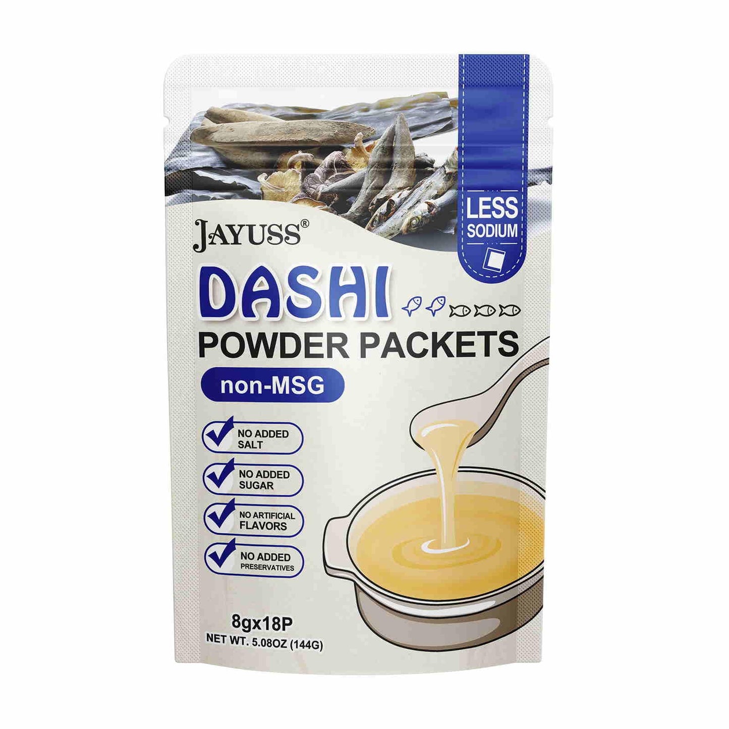 JAYUSS Japanese Dashi Packet, Traditional Dashi Soup Stock 8g×18pacs, No MSG, No Additives 5 Natural Ingredients Perfect Base for Soups, Stews, Stir-fries 5.08 Oz