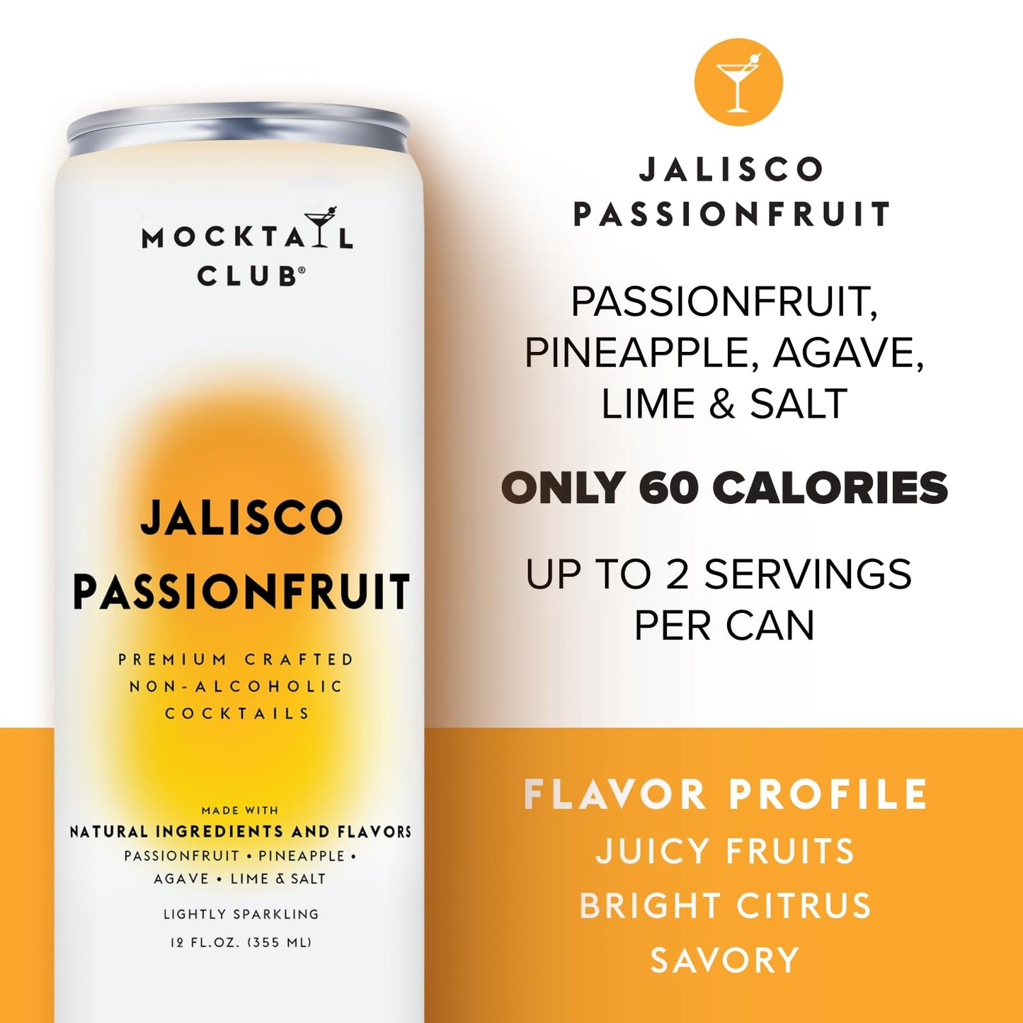 Mocktail Club Jalisco Passionfruit Sparkling Non-Alcoholic Cocktail 12oz (4pk), 80 Cals, Gluten-Free, No Artificial Ingredients, Zero Proof – with Passionfruit