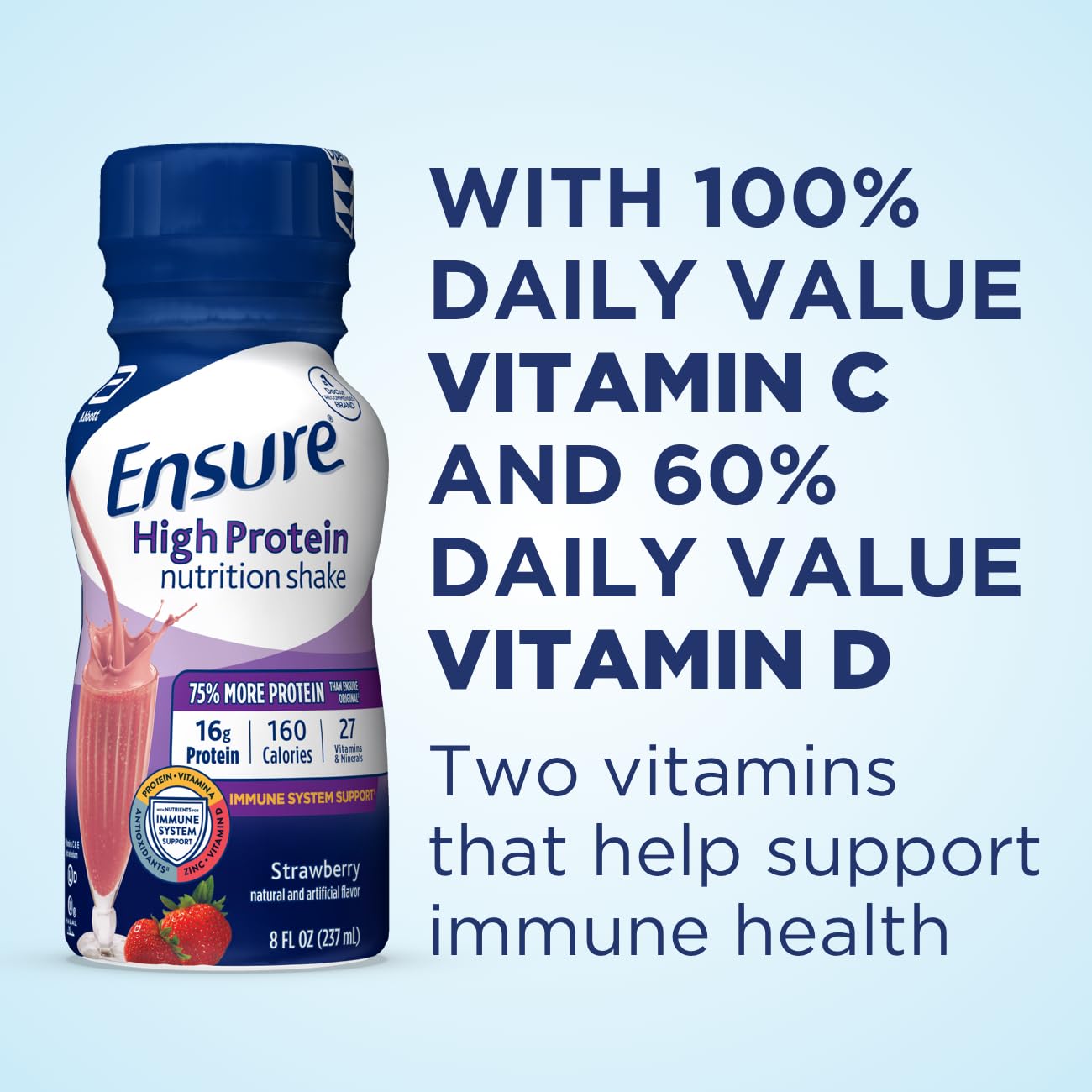 Ensure Liquid Clear Nutrition Drink, 0g fat, 8g of protein, Blueberry Pomegranate, 10 Fl Oz (Pack of 12), Bottle, gluten free & Ensure High Protein Strawberry Nutrition Shake, 24 Pack