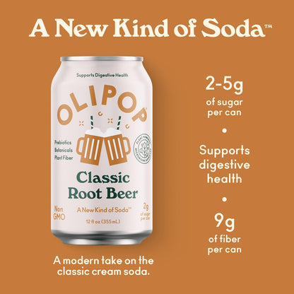 OLIPOP - Classic Root Beer Sparkling Tonic, Healthy Soda, Prebiotic Soft Drink, Aids Digestive Health, Contains Prebiotics & 9g of Plant Fiber, Caffeine Free, Low Calorie, Low Sugar, 12 oz