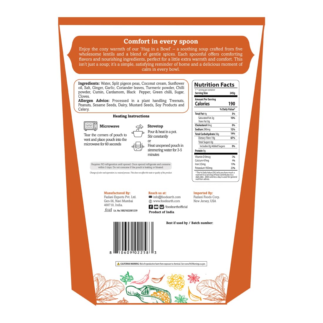 Food Earth Hug in a Bowl Soup, Pack of 6 (300 g Each), Vegan & Gluten-Free, Ready-to-Eat Five Lentil Soup with Coconut Cream & Indian Spices, 10.58 oz Each
