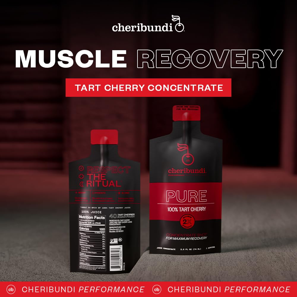Cheribundi | 100% Tart Cherry Juice Pure Concentrate Grab & Go | 2.5 Fluid Ounce Pouch for Maximum Recovery with 40 Tart Cherries | 100 Calories, 0 Preservatives, Non-GMO | 2.5 floz (Pack of 12)