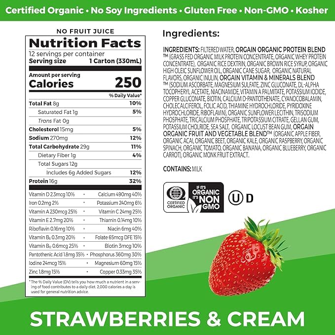 Orgain Organic Nutritional Shake, Vanilla Bean + Strawberries & Cream, 11 Fl Oz (Pack of 12)