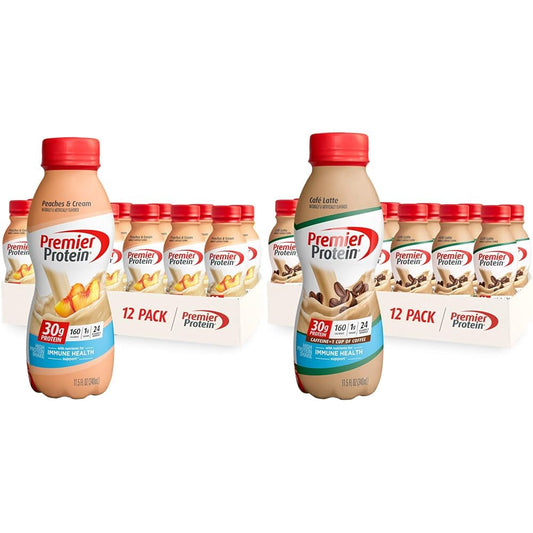 Premier Protein Shake 30g Protein 24 Vitamins Minerals Peaches Cream Cafe Latte 12 Pack Bundle, 138 Fl Oz