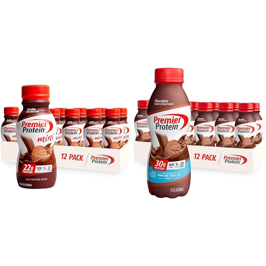 Premier Protein Shake MINIs Chocolate 22g Protein 120 Calories Pack of 12 & Premier Protein Shake Chocolate 30g Protein 24 Vitamins Minerals Nutrients Immune Health Pack of 12