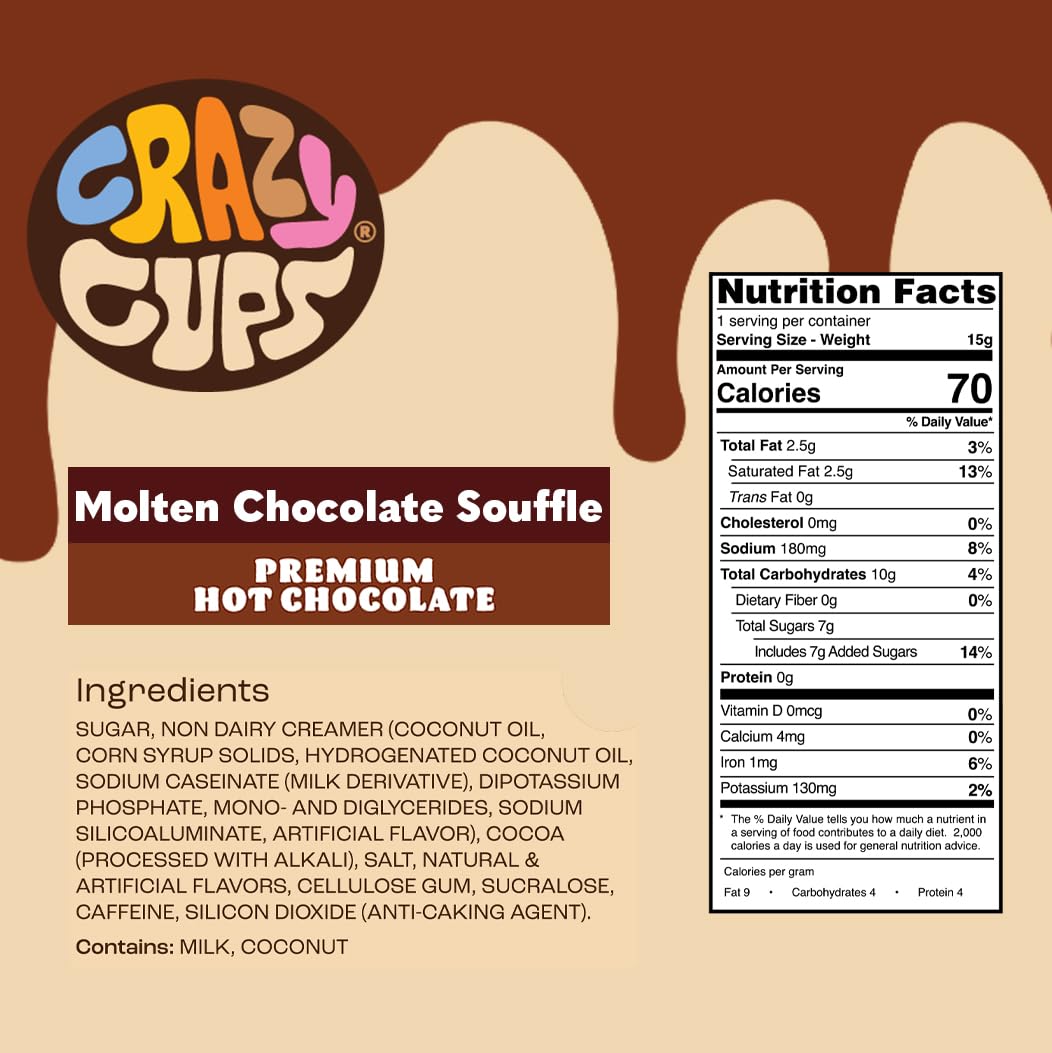 Crazy Cups Caffeinated Hot Chocolate, Molten Chocolate Souffle Pods For Keurig K Cups Machines, 100 Mg Of Caffeine Coffee Substitute Hot Cocoa Pods, 22 Count