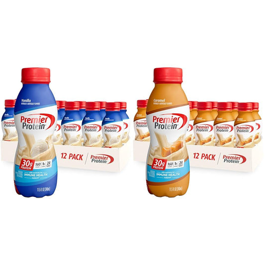 Premier Protein Shake, Vanilla & Caramel, 30g Protein, 1g Sugar, 24 Vitamins & Minerals, 12 Pack Bundle