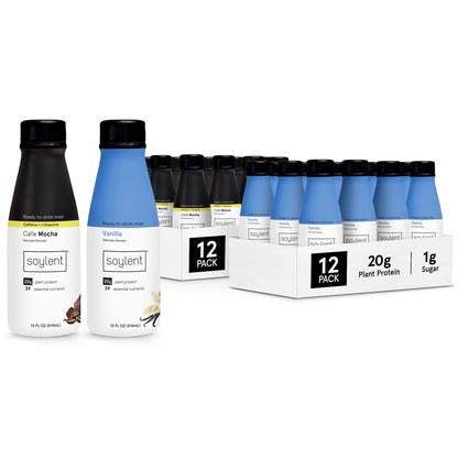 Soylent Vanilla and Cafe Mocha Meal Replacement Shake Bundle, Ready-to-Drink Plant Based Protein Drinks, Contains 20g Complete Vegan Protein and 1g Sugar, 14oz, 12 Pack