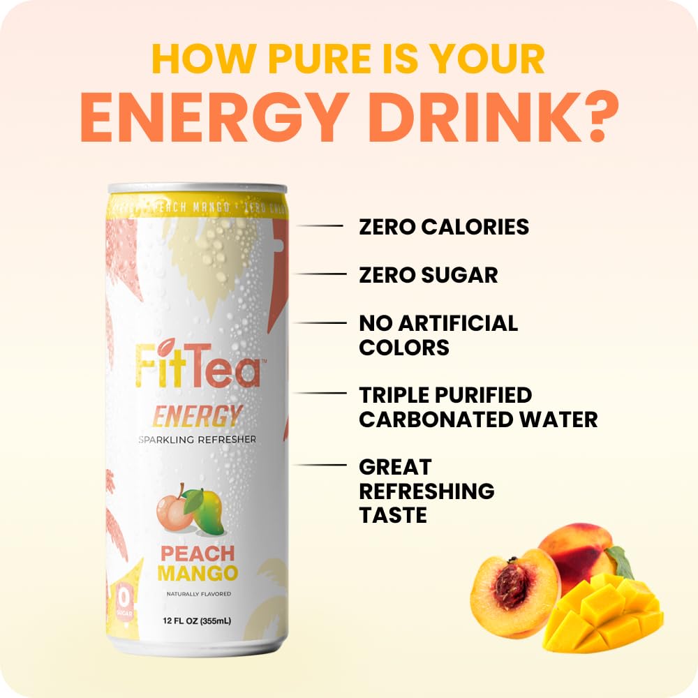 FitTea Healthy Energy Drink 12 Fl Oz - Peach Mango Pre Workout Sparkling Refresher (12 Pack) Natural Green Tea Energy Drinks Sugar Free