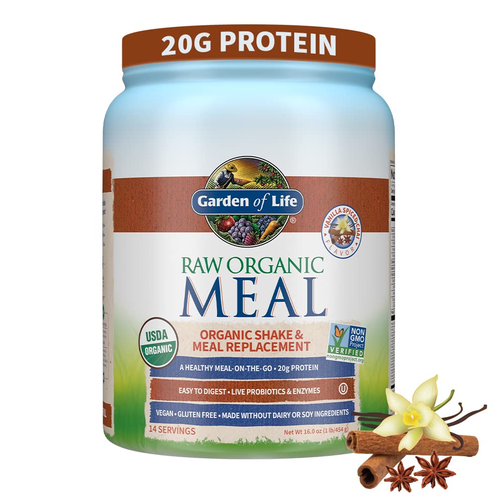 Garden of Life Vegan Protein Powder Raw Organic Meal Replacement Shakes Chocolate with Vanilla Chai Powder, 14 Servings Each