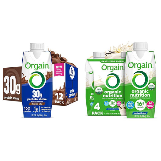 Orgain 30g High Protein Shake, Chocolate Fudge,11 Fl Oz (Pack of 12) + Orgain Organic Nutritional Shake, Vanilla Bean 16g Protein, 11 Fl Oz, 4 Count