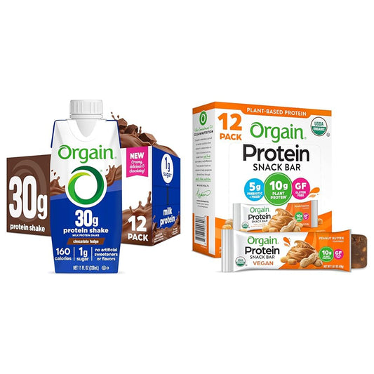 Orgain 30g High Protein Shake, Chocolate Fudge, 11 Fl Oz (Pack of 12) + Orgain Organic Vegan Protein Bars, Peanut Butter - 10g Plant Based Protein, 1.41 Oz (Pack of 12)