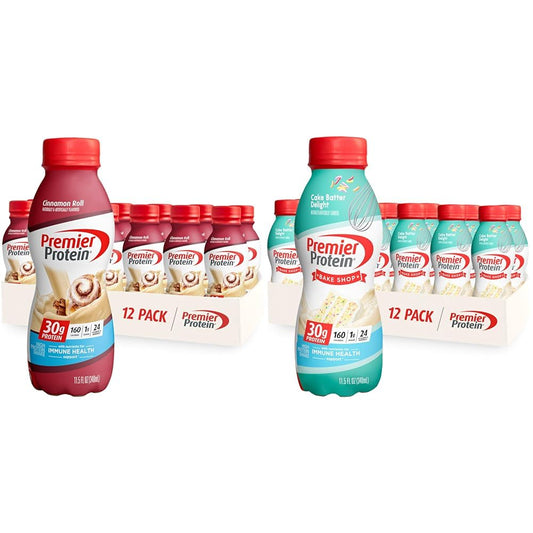 Premier Protein Shake, 30g Protein, 1g Sugar, 24 Vitamins&Minerals, Cinnamon Roll & Cake Batter Flavors, Pack of 12, 11.5oz Bottles