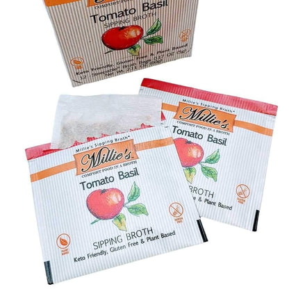 MILLIE'S TOMATO BASIL SIPPING BROTH | Vegetable Broth with Savory Seasonings for Snack Urges | Vegan, Keto, Gluten Free, Intermittent Fasting, and natural | (6 Pack - 72 Broth Bags Total)