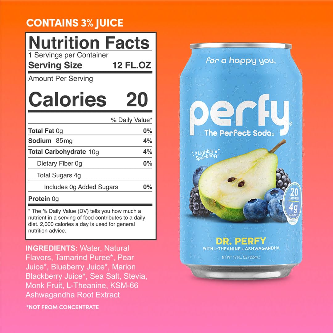 PERFY Caffeine Free Dr. Perfy Soda | Made With Real Fruit Juice - Low Sugar Nootropic Drink with L-Theanine + Ashwagandha | Calming Adaptogen Mocktail | Keto + GLP-1 Friendly | Sweetened with Stevia & Monk Fruit | (12-Pack Healthy Functional Soda...