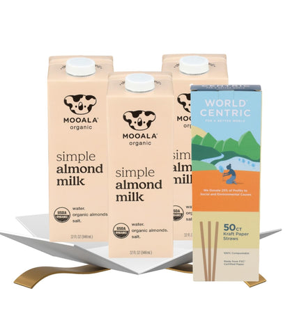 3x Milk Almond Organic Simple 32 fl oz Bundle with Paper Drinking Straws 50-Count – Smooth Plant-Based Almond Beverage with Sea Salt for Everyday Refreshment — Gift Set (4 Items)
