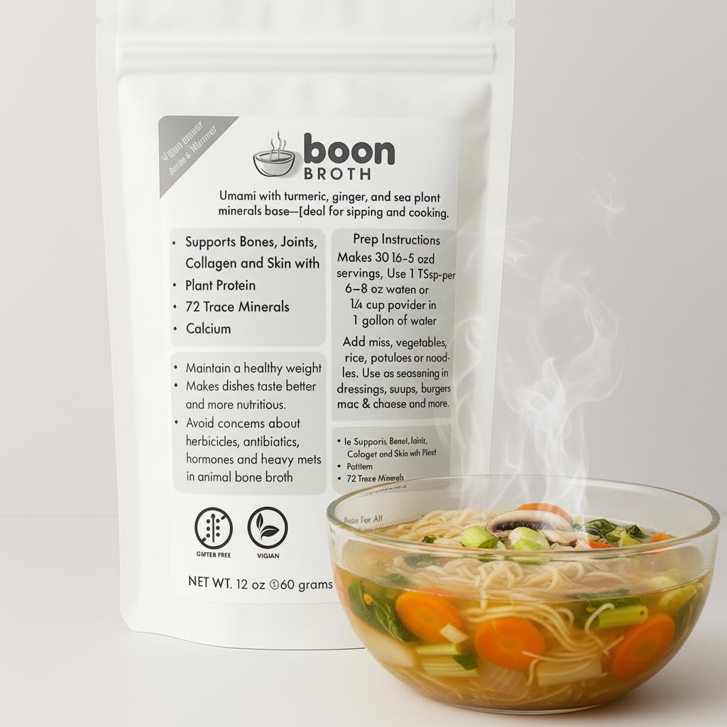 Boon Broth - Savory Plant-Based Soup Powder, High Calcium Broth with 72 Trace Minerals - Ideal for Sipping, Fasting, and The Bone Broth Diet - 30 servings