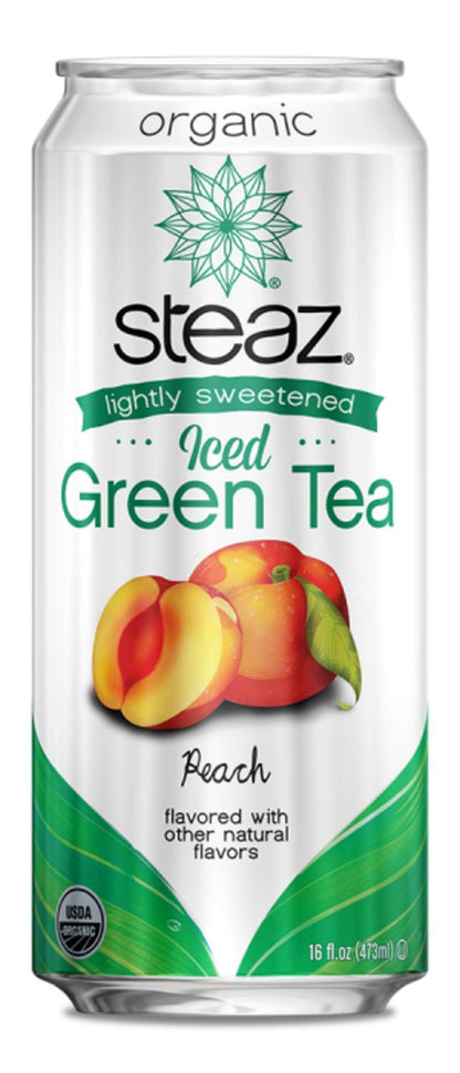 Steaz Organic Iced Green Tea, Peach Lightly Sweetened, 16 oz (Pack of 12)