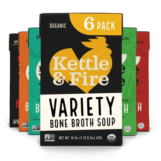Bone Broth Variety Pack by Kettle and Fire, Pack of 6, Beef, Chicken, Chipotle Beef, Lemongrass Ginger Beef, Coconut Curry & Lime Chicken, and Turmeric Ginger Chicken Bone Broths, Protein