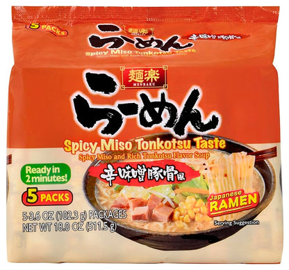 Hikari Menraku Ramen Spicy Miso Tonkotsu Japanese Instant Noodle Soup, 5 Pack, 18 Oz