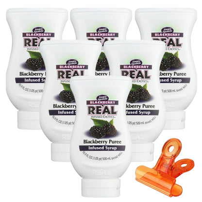 Blackberry Real Infused Exotics Syrup – 16.9 fl oz Bottle – Drinks and Desserts – Puree Fruit and Blackberries with Food Bag Clips – Pack of 6