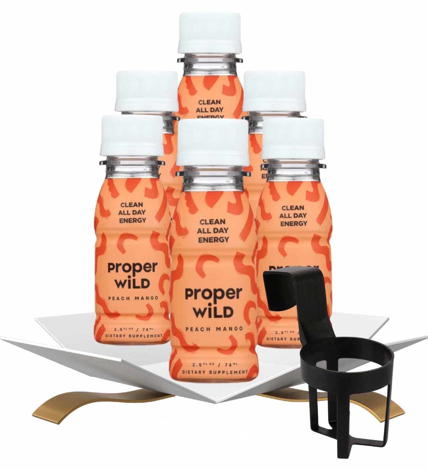 6x Energy Shot Peach Mango – 2.5 fl oz Bundle with Cup Holder – Refreshing Fruit Blend with Natural Caffeine and L-Theanine for Focus and Drive — Gift Set (7 Items)