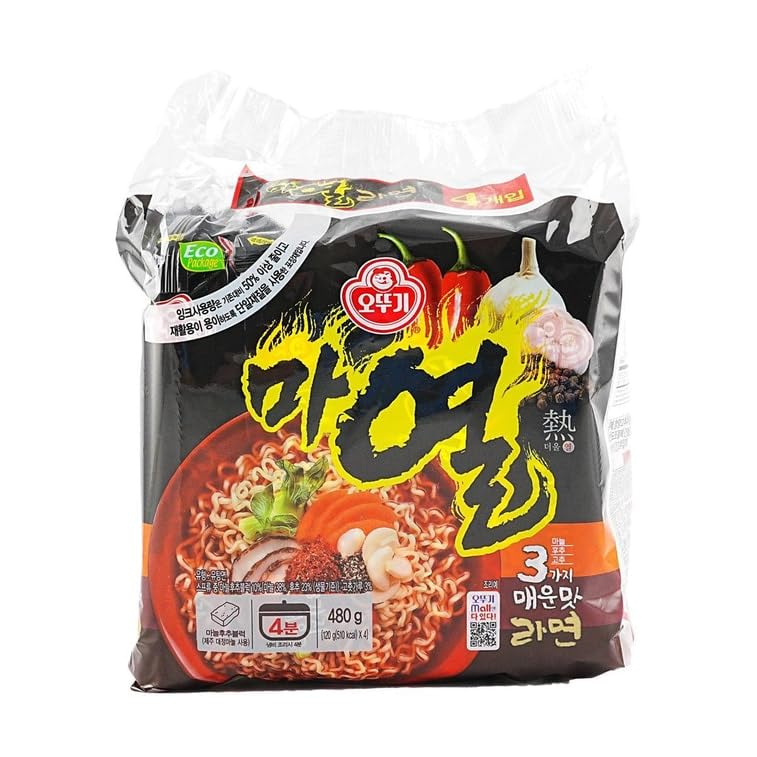 OTTOGI MAYEUL Ramen, 4 Pack of Super Spicy Bold Garlic flavor Korean Instant Noodle, Bold Savory Broth Soup (4.23oz x 4)