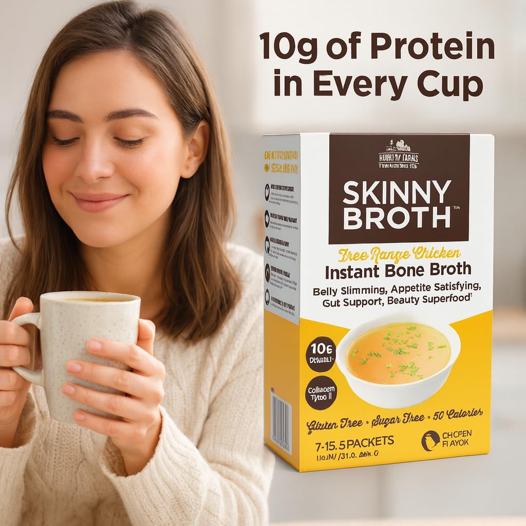 Country Farms Skinny Broth, Instant Chicken Bone Broth, 10G Protein, Collagen Type II, Promotes Better Digestion, Supports Bone Health, 7 Day Plan, 7-15g Packets
