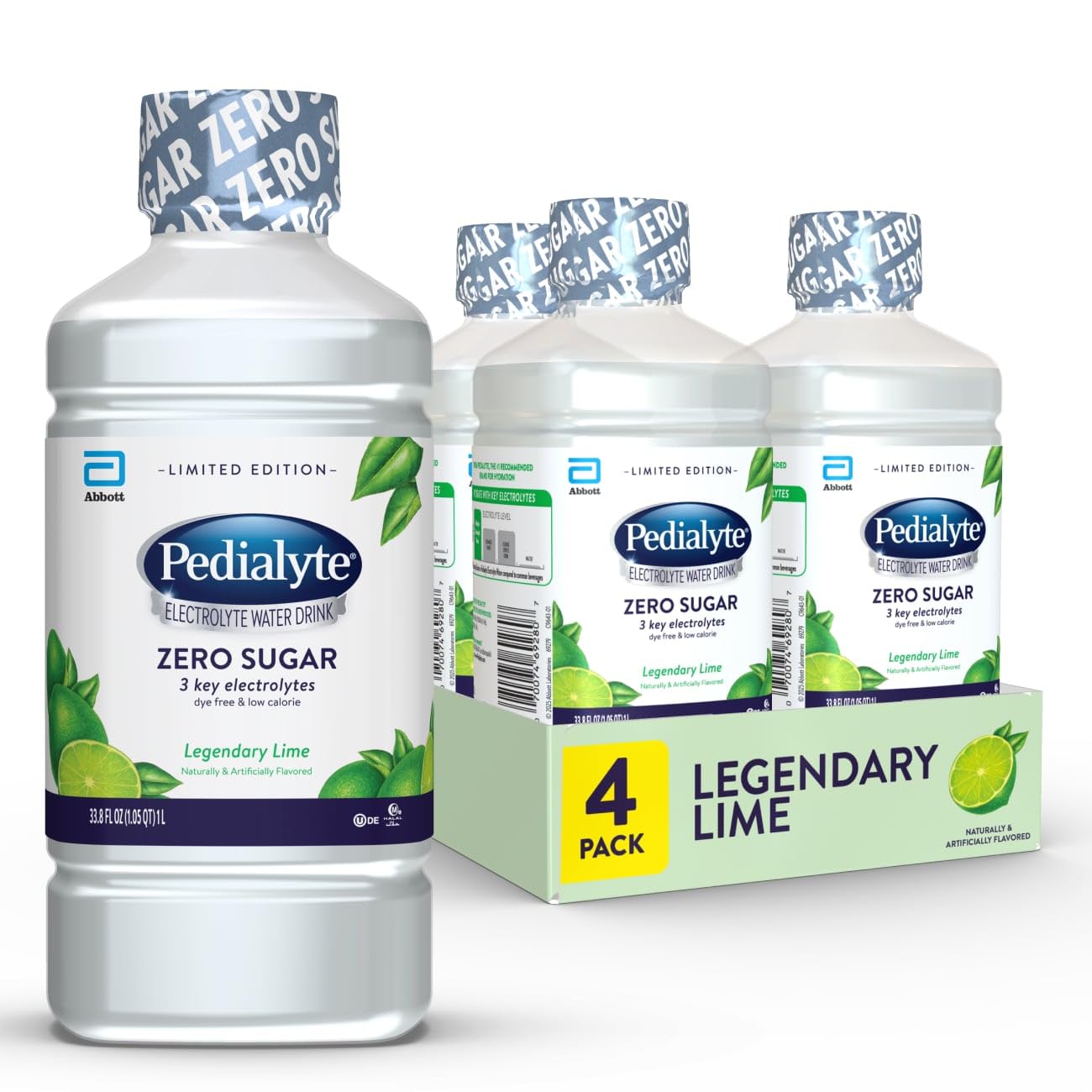 Pedialyte Electrolyte Water With Zero Sugar | Hydration With Key Electrolytes | Hydration Low in Calories | Legendary Lime, 1 Liter, Pack of 4