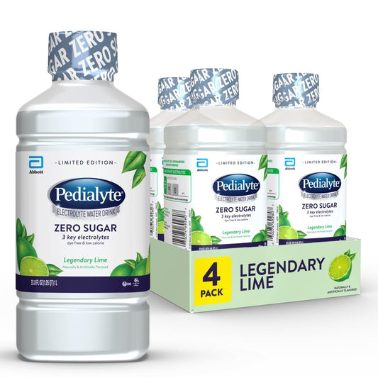 Pedialyte Electrolyte Water With Zero Sugar | Hydration With Key Electrolytes | Hydration Low in Calories | Legendary Lime, 1 Liter, Pack of 4